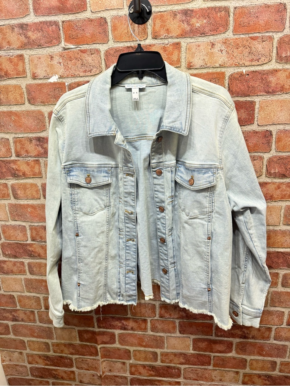 Light Wash Denim stretch trucker western Jacket with Frayed Hem - Women